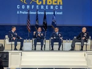 Gen. Johnny Lamontagne, Air Mobility Command commander, speaks during the Air, Space, and Cyber Conference Sept. 24, 2025, in National Harbor, Maryland. Lamontagne spoke on the topic of exercising at scale along side fellow panelists Gen. Kevin Schneider, Gen. Adrian Spain, and Lt. Gen. David Miller Jr. (Courtesy photo)