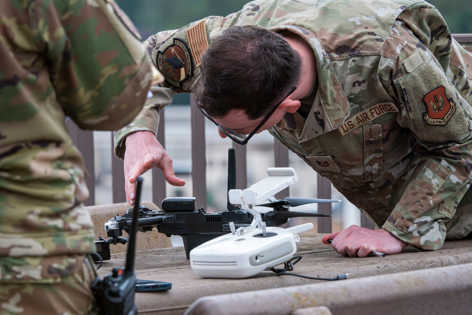 A noncommissioned officer assigned to United States Air Forces in Europe – Air Forces Africa Deputy Chief of Staff for Plans and Operations, executes a Point Defense Operational Utility Assessment at Ramstein Air Base, Germany, Sept. 2, 2025.