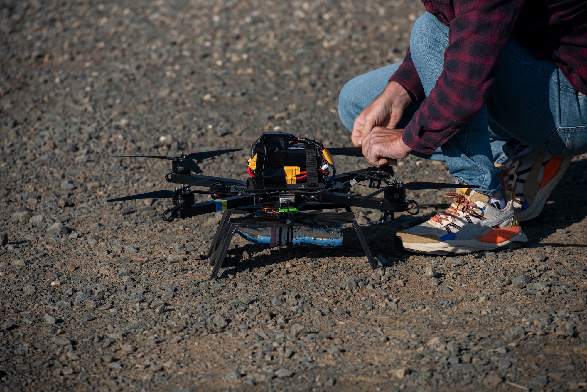A closeup of a small drone used during an operational utility assessment on Sept. 4, 2025.