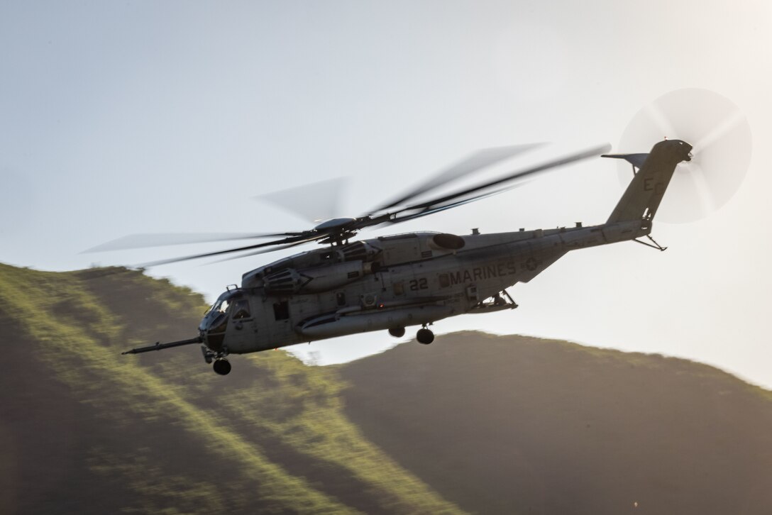 PUERTO RICO - A U.S. Marine Corps CH-53 Super Stallion with Marine Medium Tiltrotor Squadron 263 (Reinforced), 22nd Marine Expeditionary Unit (Special Operations Capable), takes off from Camp Santiago, Puerto Rico, September 4, 2025. U.S. military forces are deployed to the Caribbean in support of the U.S. Southern Command mission, Department of War-directed operations, and the president’s priorities. (U.S. Marine Corps photo by Staff Sgt. Brett Norman)