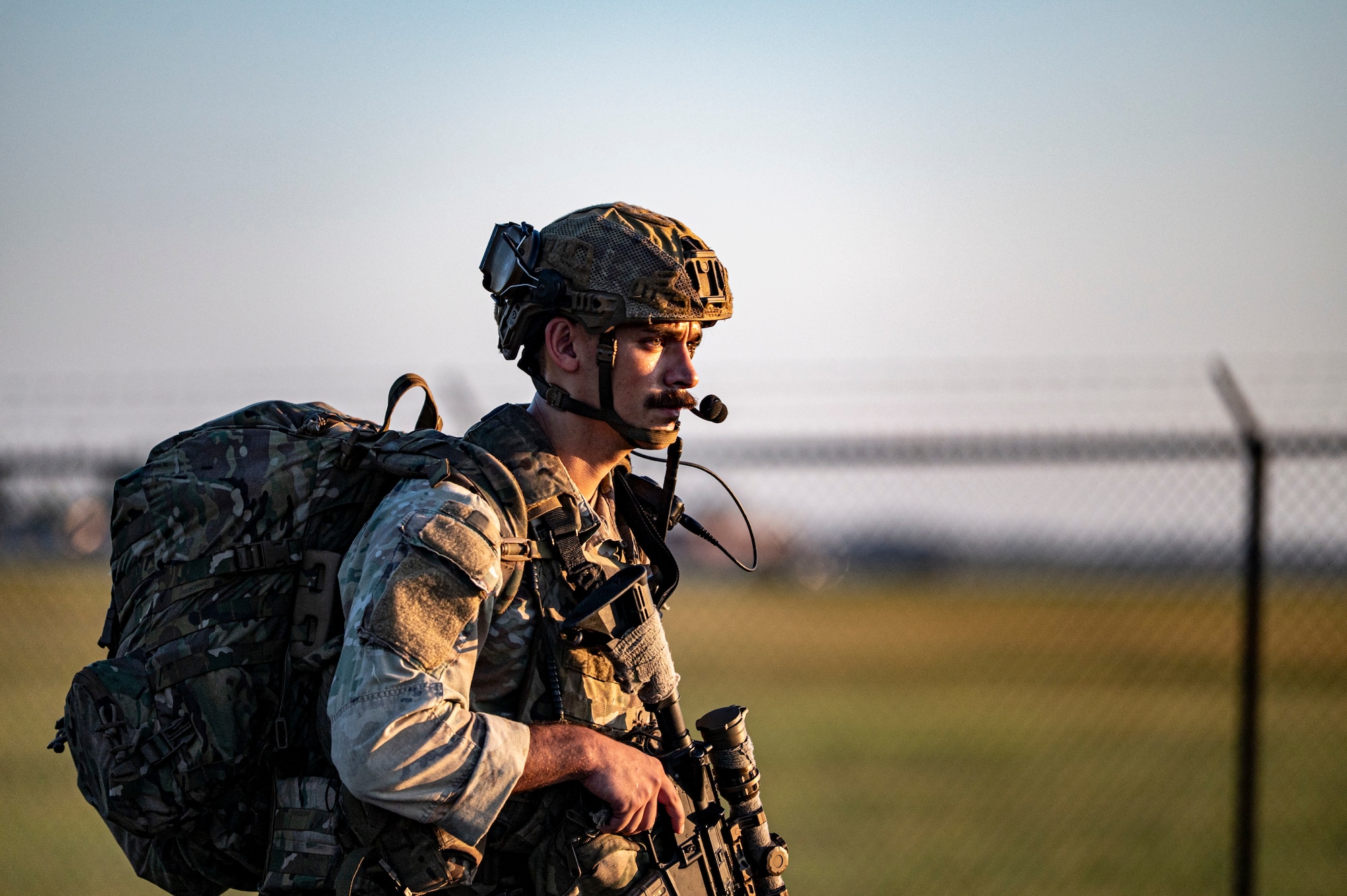 A U.S. Air Force Airman assigned to the 823rd Base Defense Squadron rucks during the Prepared Jester exercise at Moody Air Force Base, Georgia, Sept. 15, 2025. The ruck kicked off a four-day field event focused on sharpening air base defense fundamentals. (U.S. Air Force photo by Senior Airman Leonid Soubbotine)