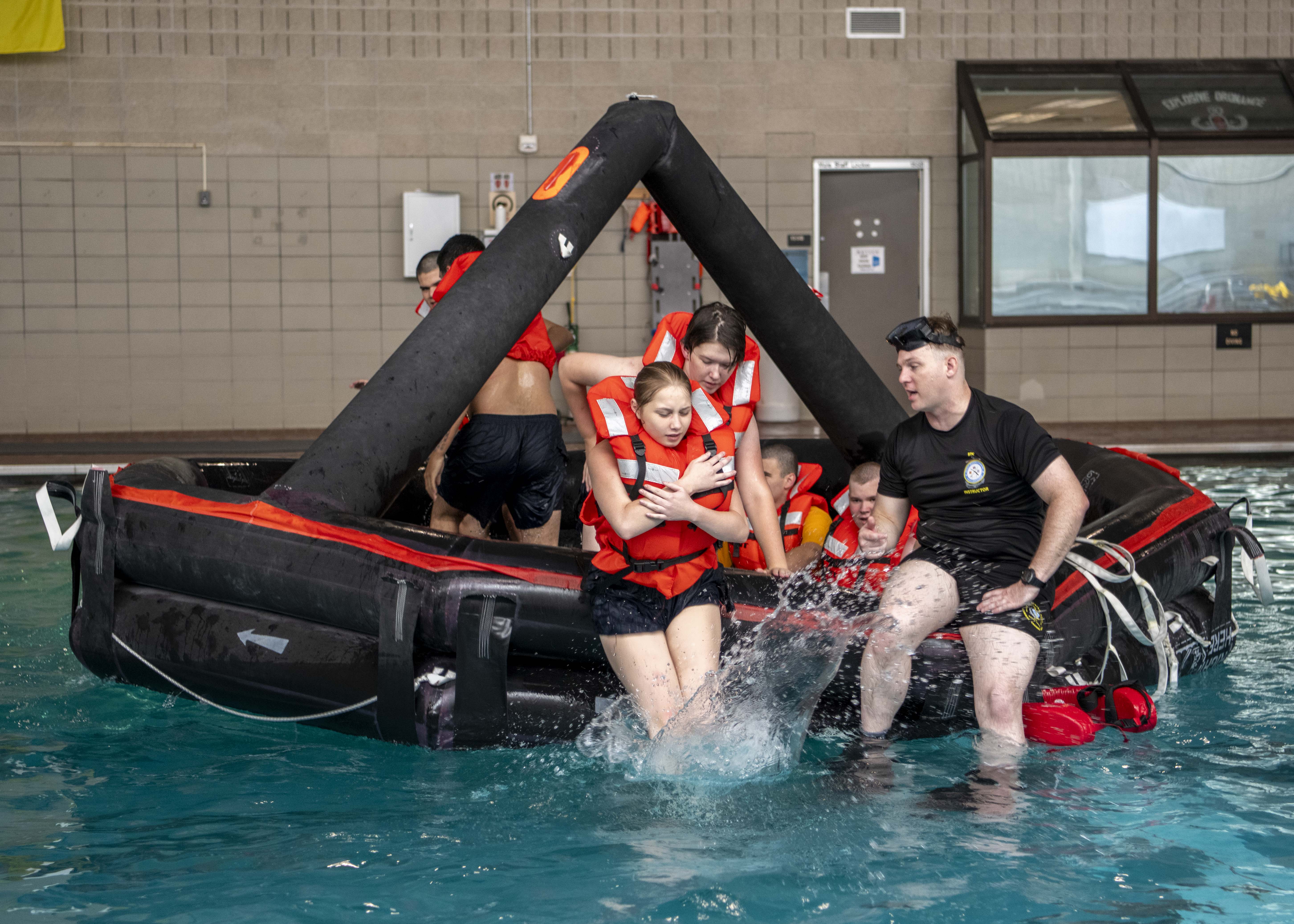 Recruits practice man overboard drills at U.S. Navy Recruit Training Command September 22, 2025. More than 40,000 recruits train annually at the Navy's only boot camp. (U.S. Navy photo by Mass Communication Specialist 2nd Class Stuart Posada)