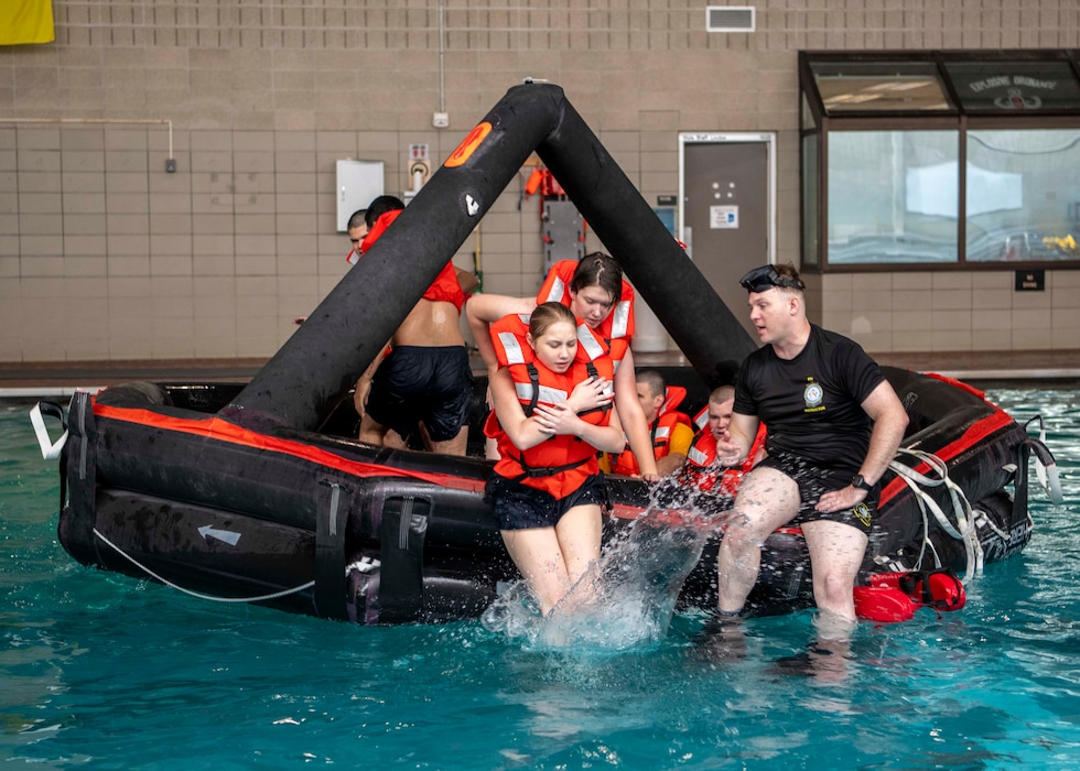 Recruits practice man overboard drills at U.S. Navy Recruit Training Command September 22, 2025. More than 40,000 recruits train annually at the Navy's only boot camp. (U.S. Navy photo by Mass Communication Specialist 2nd Class Stuart Posada)