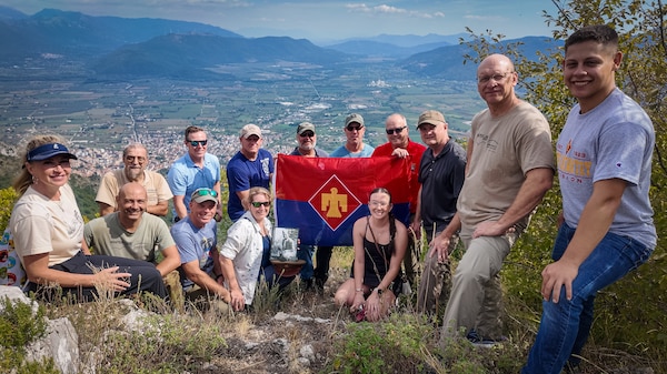 A delegation of Oklahoma National Guard leaders, veterans and family members pose while hiking the Winter Line in Venafro, Italy, Sept. 7, 2025. The group toured key locations from the 45th Infantry Division’s campaign in Italy against German forces during World War II, continuing the development of the Thunderbird Trail. The initiative is aimed at preserving the Division's role in World War II through a memorial trail tracing its footsteps through Italy, France and Germany, ensuring their sacrifices are never forgotten. (U.S. Army photo by Sgt. Danielle Rayon)