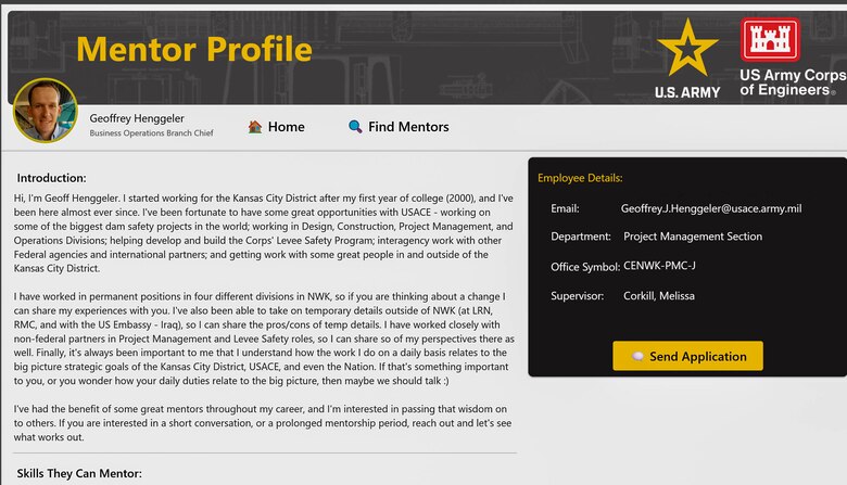 Screenshot of mentorship application webpage.