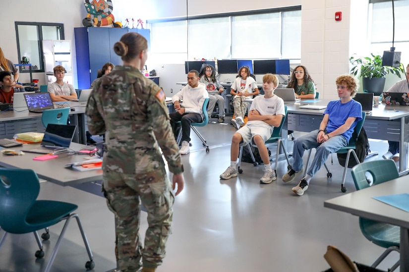 U.S. Army Capt. Kelli Ryan speaks to students at Fayette County's Hub for Innovative Learning and Leadership in Lexington, Kentucky, Sept. 18, 2025.