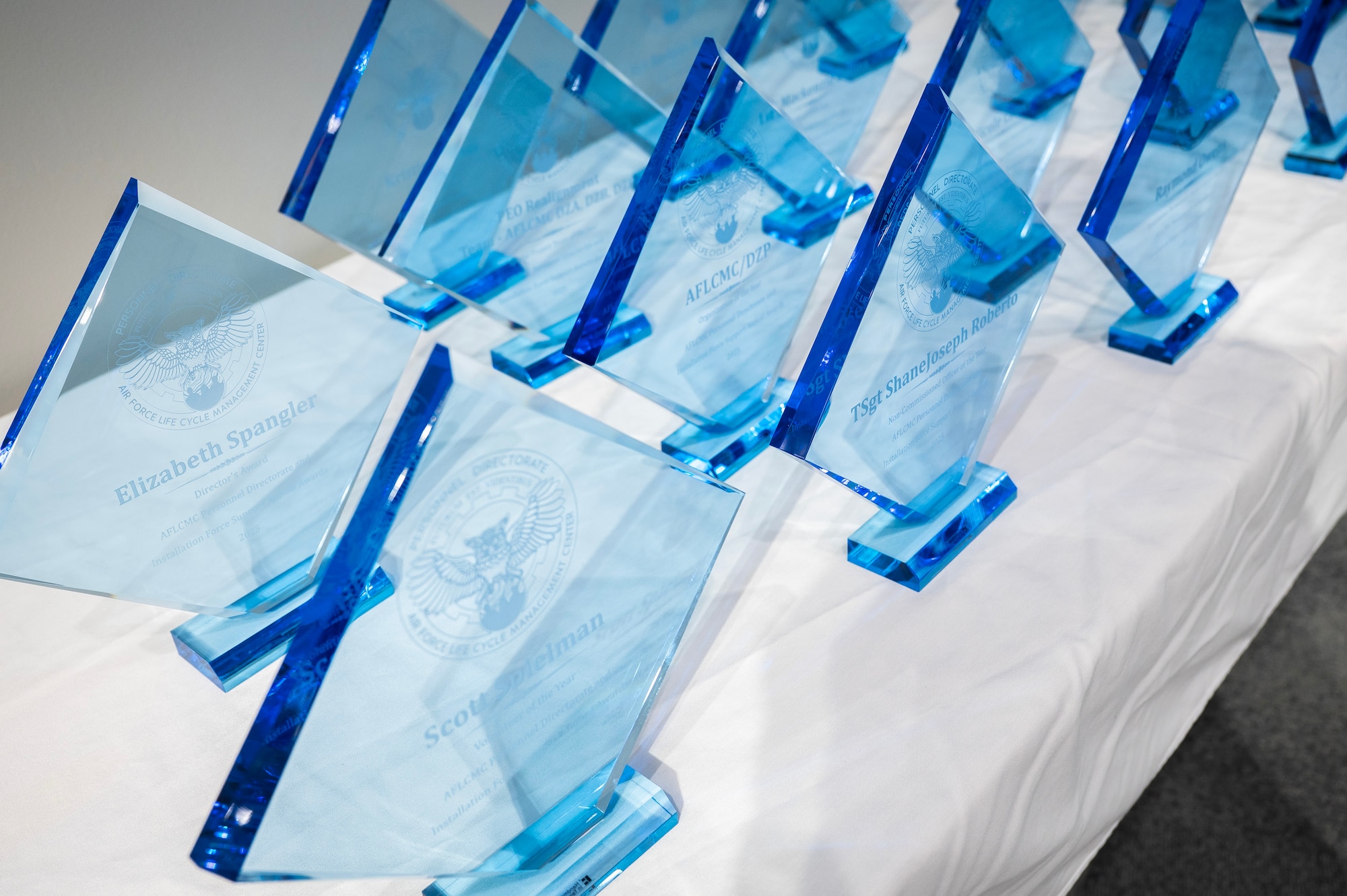 Blue awards on white tablecloth. Awards are glass.