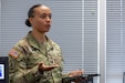 Capt. Kali Rose, 125th Finance Battalion disbursing officer, delivers her portion of a capstone project as part of the U.S. Army Financial Management Command’s Operational Banking Short Course at the Maj. Gen. Emmett J. Bean Federal Center in Indianapolis Sept. 12, 2025. Upon graduation of the OBSC, Soldiers can advise commanders on establishing financial institutions and ATMs on Army installations, evaluate foreign financial institutions for establishing limited depositary accounts, and provide banking infrastructure evaluations as part of an economic analysis. (U.S. Army photo by Mark R. W. Orders-Woempner)