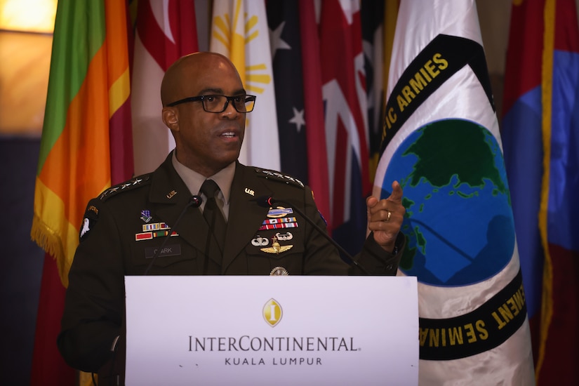 U.S. Army Gen. Ronald P. Clark, U.S. Army Pacific Commander speaks during the closing ceremony of the 14th Indo-Pacific Armies Chiefs Conference (IPACC), the 49th Indo-Pacific Army Management Seminar (IPAMS), and the 11th Senior Enlisted Leaders Forum (SELF), held in Kuala Lumpur, Malaysia, September 25, 2025.