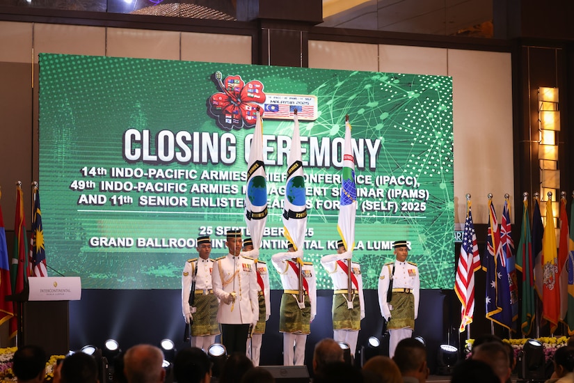 The Malaysian Army color guard present the colors during the closing ceremony of the 14th Indo-Pacific Armies Chiefs Conference (IPACC), the 49th Indo-Pacific Army Management Seminar (IPAMS), and the 11th Senior Enlisted Leaders Forum (SELF), held in Kuala Lumpur, Malaysia, September 25, 2025.