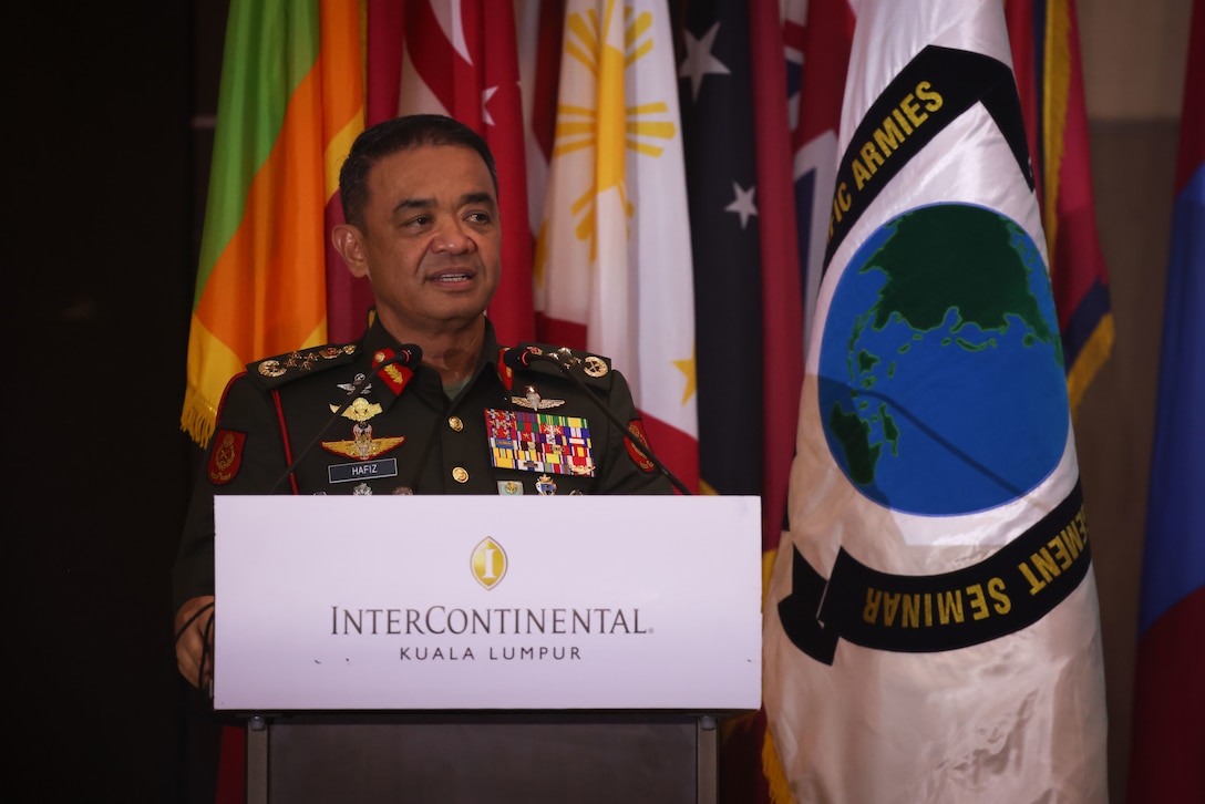 Malaysian Army Gen. Muhammad Hafizuddeain, Chief of the Malaysian Army speaks during the opening ceremony of the 14th Indo-Pacific Armies Chiefs Conference (IPACC), the 49th Indo-Pacific Army Management Seminar (IPAMS), and the 11th Senior Enlisted Leaders Forum (SELF), held in Kuala Lumpur, Malaysia, September 25, 2025.