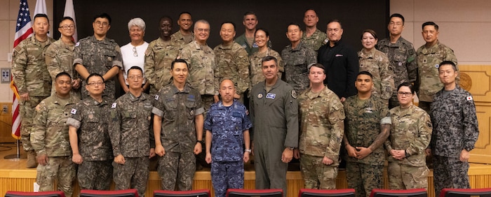 Service members and medical professionals from Japan, Republic of Korea, and U.S. forces conduct a blood tabletop exercise in support of Freedom Edge 25.