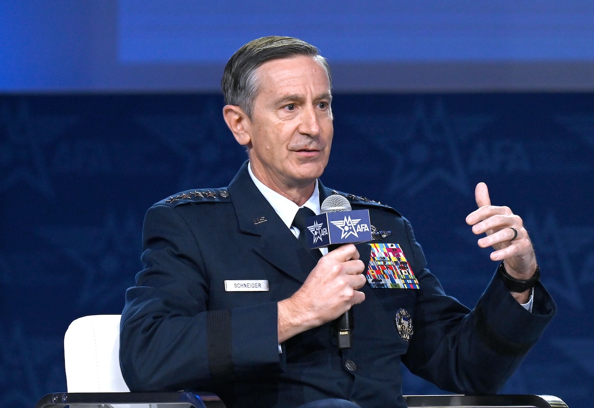 Gen. Kevin Schneider speaks during the Exercising at Scale panel, at the National Harbor, Md. Sept. 24, 2025.  The Air, Space & Cyber Conference is an opportunity for Department of the Air Force senior leaders to meet and address Airmen, Guardians, allies, partners and industry leaders. (U.S. Air Force photo by Chad Trujillo)
