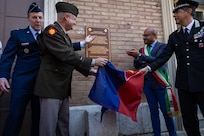 Oklahoma National Guard leaders and Italian representatives unveil a plaque at the former headquarters of the 45th Infantry Division during WWII in Venafro, Italy, Sept. 8, 2025. A delegation of Oklahoma National Guard members and veterans toured key locations from the 45th Infantry Division’s campaign in Italy against German forces during World War II, continuing the development of the Thunderbird Trail. The initiative is aimed at preserving the Division's role in World War II through a memorial trail tracing its footsteps through Italy, France and Germany, ensuring their sacrifices are never forgotten. (U.S. Army photo by Sgt. Danielle Rayon)