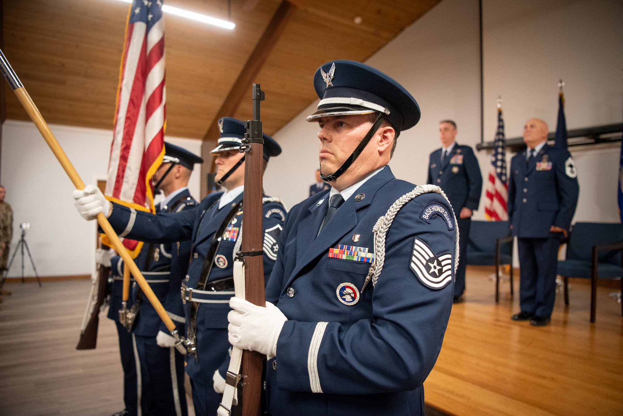 The 123rd Airlift Wing Color Guard presents the colors during a retirement ceremony at the Kentucky Air National Guard Base in Louisville, Ky., June 7, 2025. Chief Master Sgt. Chris Tellis, the 123rd Contingency Response Group’s senior enlisted leader, is retiring after 38 years of military service. (U.S. Air National Guard photo by Master Sgt. Joshua Horton)