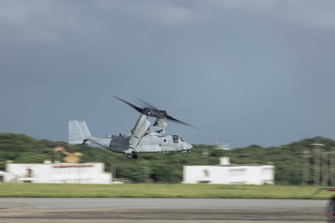 A U.S. Marine Corps MV-22B Osprey assigned to Marine Medium Tiltrotor Squadron (VMM) 265 (Rein.), 31st Marine Expeditionary Unit, departs during flight operations at Marine Corps Air Station Futenma, Okinawa, Japan, Sept. 26, 2025. The Marines conducted flight operations demonstrating multi-domain transport capabilities to support combined-joint all domain operations. The 31st MEU, the Marine Corps’ only continuously forward-deployed MEU, provides a flexible and lethal force, ready to perform a wide range of military operations as the premiere crisis response force in the Indo-Pacific region. (U.S. Marine Corps photo by Sgt. Angel Diaz Montes De Oca)