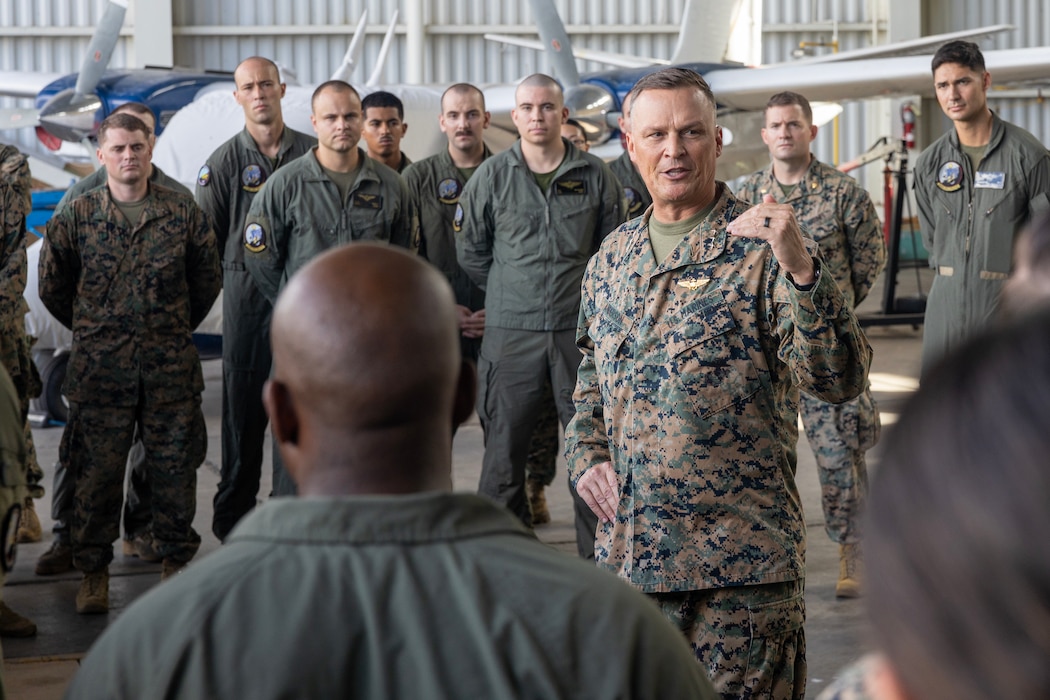 U.S. Marine Corps Lt. Gen. Leonard Anderson IV, commander, U.S. Marine Corps Forces Reserve and U.S. Marine Corps Forces South, speaks with Marines with Marine Medium Tiltrotor Squadron (VMM) 263 (Reinforced), 22nd Marine Expeditionary Unit (Special Operations Capable), in Puerto Rico, September 14, 2025. U.S. military forces are deployed to the Caribbean in support of the U.S. Southern Command mission, Department of War-directed operations, and the president’s priorities.  (U.S. Marine Corps photo by Staff Sgt. Brett Norman)