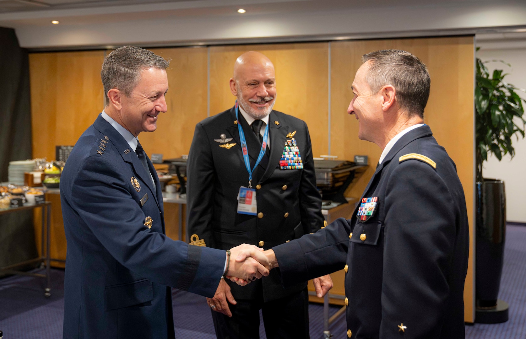 Chairman of the Joint Chiefs of Staff Gen. Dan Caine participates in a working breakfast with NATO Chair of the Military Committee Adm. Giuseppe Cavo Dragone, UK Chief of the Defence Staff Air Chief Marshal Sir Richard Knighton KCB ADC FREng, and French Chief of the Defence Staff Gen. Thierry Burkhard during the NATO Military Committee Conference in Riga, Latvia, September 27, 2025. (DoD Photo by Benjamin Applebaum)