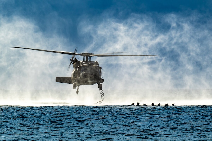 U.S. Air Force special tactics Airmen from the Kentucky Air National Guard’s 123rd Airlift Wing conduct exfil operations from the Caribbean Sea into a Mississippi Army National Guard UH-60 Black Hawk off the coast of St. Croix, U.S. Virgin Islands, Aug. 28, 2025 as part of Emerald Warrior 25.2, a large-scale special operations exercise staged in multiple locations by Air Force Special Operations Command.