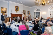 Joe Thomason, former U.S. Naval Research Laboratory (NRL) senior staff engineer, reflects on his 62-year career during a retirement ceremony in Washington, D.C., Sept. 9, 2025. Thomason’s contributions advanced NRL’s capabilities in high-frequency skywave radar, target detection, and long-range surveillance. (U.S. Navy photo by Sarah Peterson)