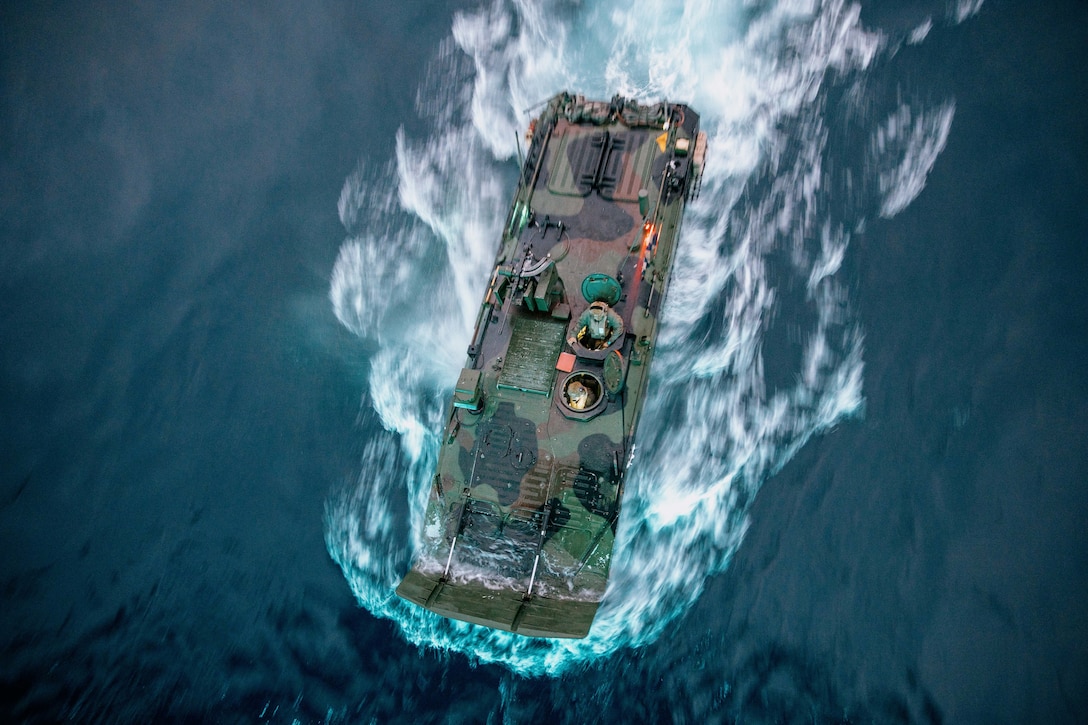 A U.S. Marine Corps amphibious combat vehicle with Battalion Landing Team 3/5, 11th Marine Expeditionary Unit, conducts an open-water transit prior to embarking the amphibious assault ship USS Boxer in the Pacific Ocean, Sept. 14, 2025.