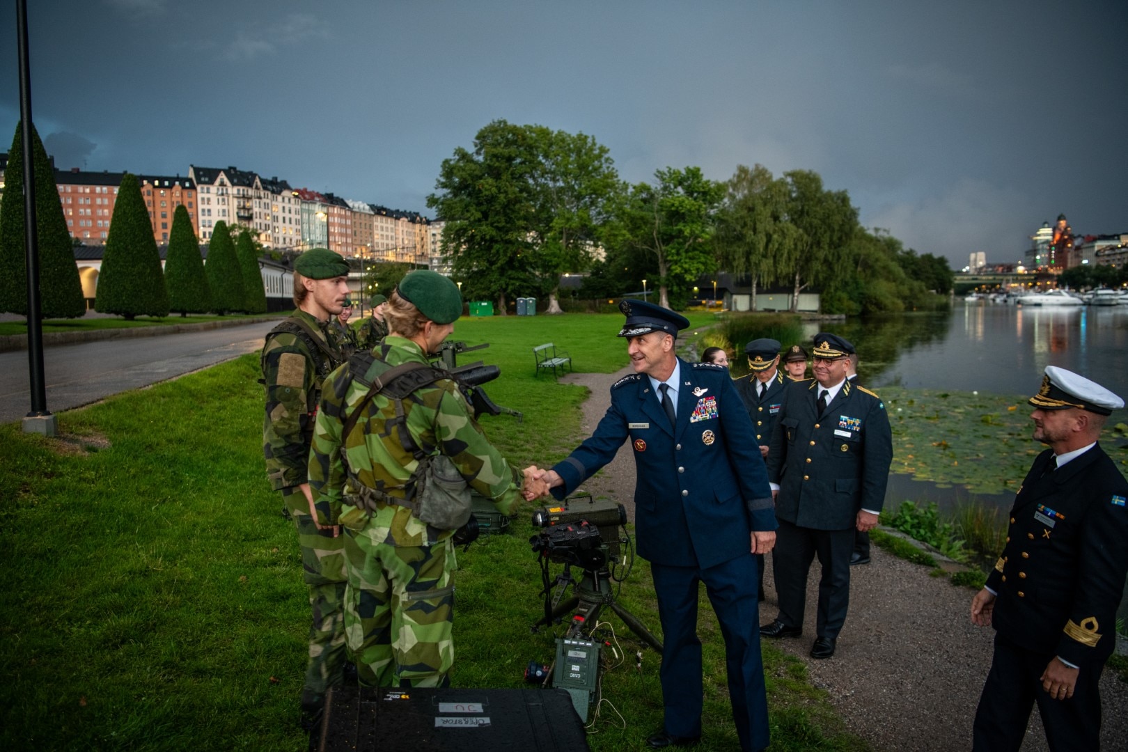 U.S. Air Force Gen. Steve S. Nordhaus, center right, chief, National Guard Bureau, shakes hands with a member of the Swedish Armed Forces during a static presentation of Swedish naval capabilities in Stockholm, Sweden, Sep. 16, 2025.