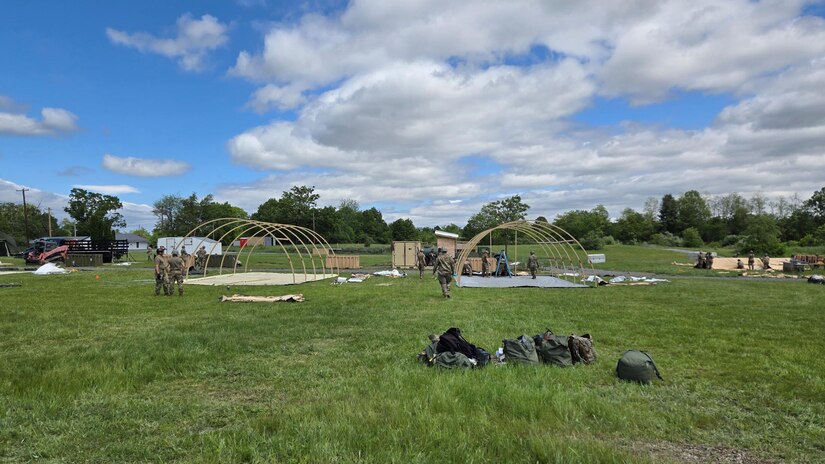 Airmen from the Kentucky Air National Guard’s 123rd Mission Support Group erect Small Shelter System tents in Indiantown Gap, Pa., May 22, 2025, as part of Exercise Kentucky Windage 2025.