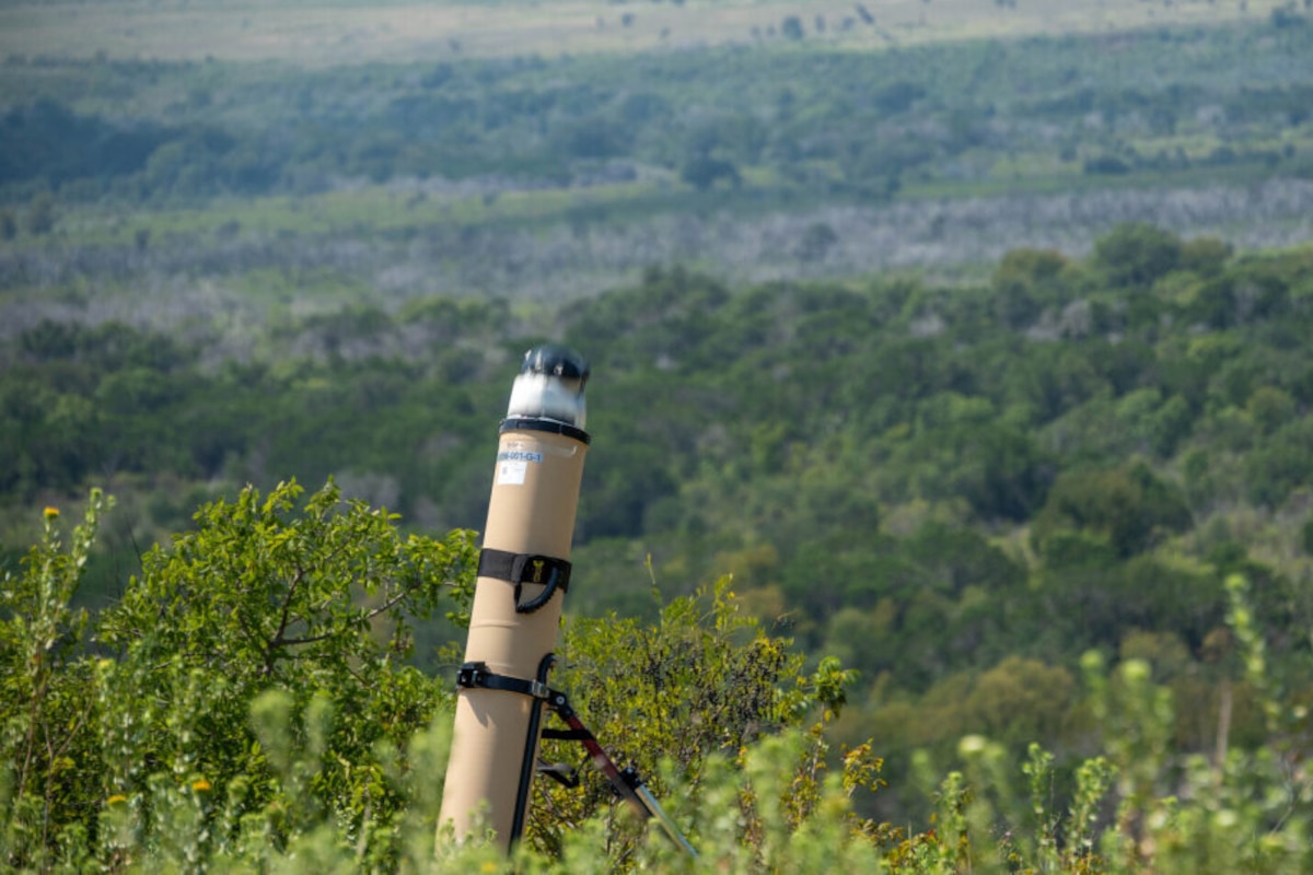 A tube-like military weapons system sits outside in a semi-wooded area.
