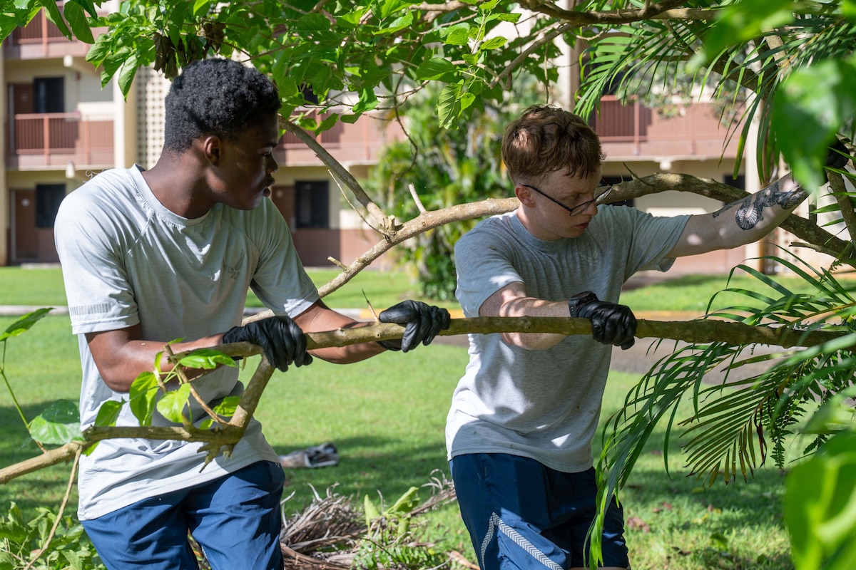 Two airmen in T-shirts and gloves hold a branch near some trees in front of a dormitory building.