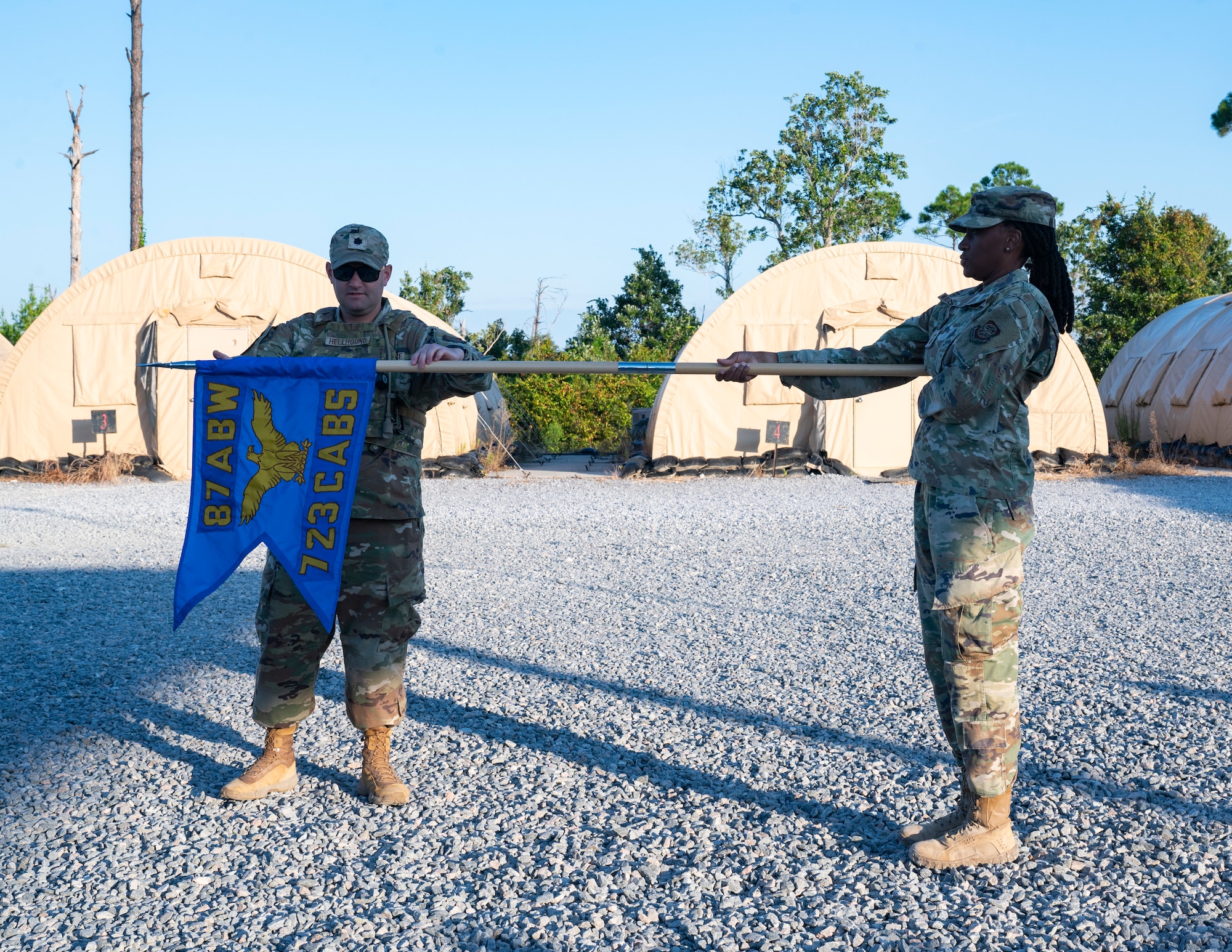 U.S. Air Force Airmen assigned to the 23rd Air Task Force and 723rd Combat Air Base Squadron erect a tent during training at the Silver Flag Exercise Site on Tyndall Air Force Base, Fla., Sept. 14, 2025. Setting up tents was part of the training that members went through while learning the skills of different Air Force Specialty Codes.
