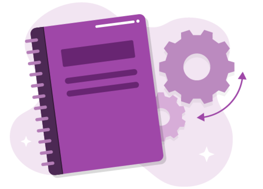 A spiral notebook with gears in the background symbolizes a DoD manual that implements or supplements a directive or policy instruction.