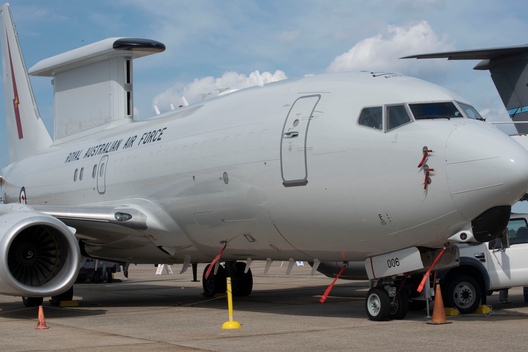 A Royal Australian Air Force E-7A Wedgetail aircraft sits on static display at the 2025 Joint Base Andrews Air Show at Joint Base Andrews, Maryland, Sept. 14, 2025. The E-7's crew supported the air show by interacting with visitors and sharing stories on their mission and partnership with the United States and other allies.