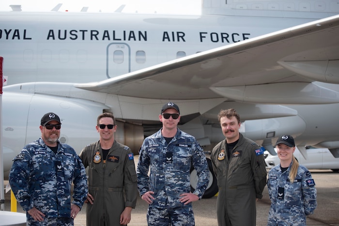 Royal Australian Air Force crew members showcase their E-7A Wedgetail aircraft at the Joint Base Andrews Air Show at Joint Base Andrews, Maryland, Sept. 14, 2025. The E-7 is based on the Boeing 737, the same platform as the U.S. Air Force C-40, which is flown by the 89th Airlift Wing and 113th Wing at Andrews.