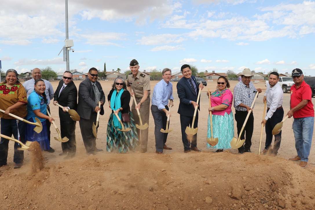 Pascua Yaqui Tribe leadership, U.S. Rep. Greg Stanton and U.S. Army Corps of Engineers Los Angeles District Commander Col. Andrew Baker pose for photos during the Tribe’s Section 595 Project groundbreaking Sept. 16 near Tucson, Arizona. The Section 595 Environmental Infrastructure Program invests in Arizona’s critical water infrastructure projects to address climate challenges, including extreme heat, prolonged drought, wildfires and flash flooding.