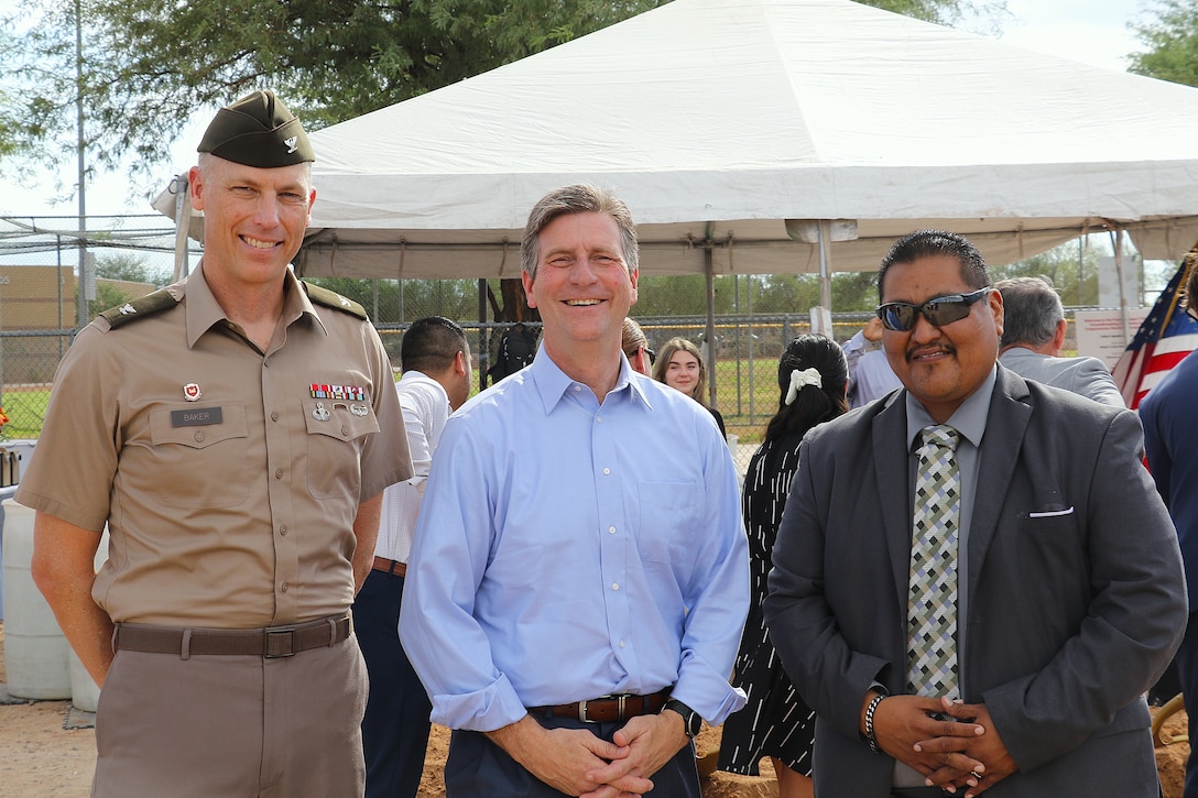 From left, Col. Andrew Baker, commander of the U.S. Army Corps of Engineers Los Angeles District; U.S. Rep. Greg Stanton; and Pascua Yaqui Tribe Chairman Julian Hernandez pose for photos during the Tribe’s Section 595 Project groundbreaking Sept. 16 near Tucson, Arizona. The Section 595 Environmental Infrastructure Program invests in critical water infrastructure projects in Arizona to address climate challenges, including extreme heat, prolonged drought, wildfires and flash flooding. (Photo by Robert DeDeaux, USACE Los Angeles District Public Affairs)