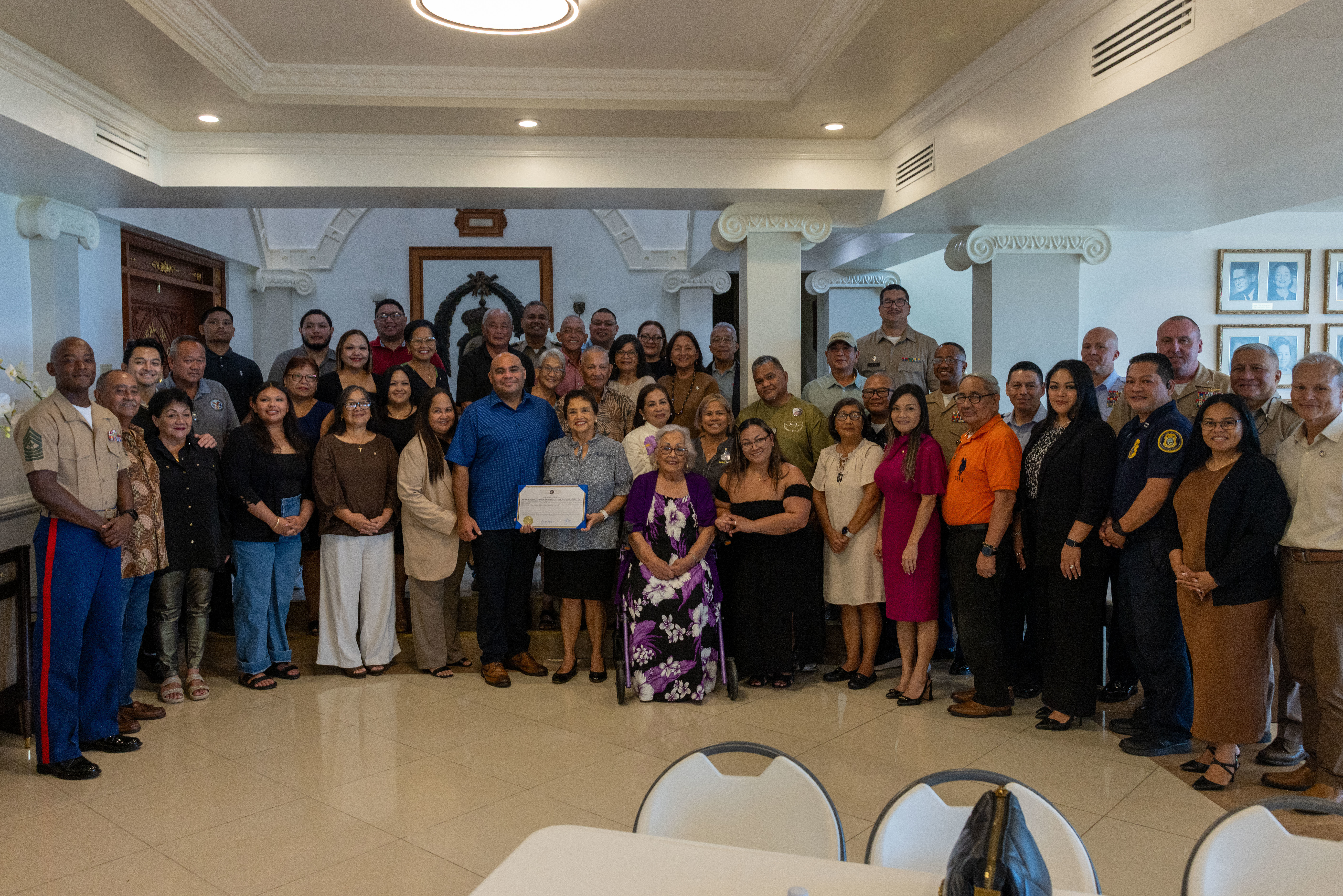Gold Star families, military leaders and Guam Government officials, pose for a photo after the proclamation signing in honor of Gold Star Mother’s and Families in Hagåtña, Guam, Sept. 29, 2025. Amended in 2011, our nation has recognized the last Sunday of September for all Gold Star family members. (U.S. Marine Corps photo by Lance Cpl. Afton Smiley)