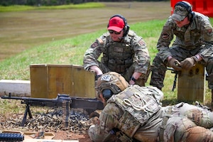 Airmen from the 132d and 647th Security Forces Squadron shoot side by side at a machine gun range for qualification at Schofield Barracks, HI on Aug 23, 2025.