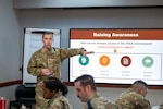 Lt. Col. Burke Wilson, 383rd Training Squadron Director of Operations, speaks at the Warhawk Leadership Course to a classroom of 37th Training Wing personnel, September 17, 2025. The Warhawk Leadership Course is a four-day professional development course that focuses on developing wing personnel's leadership skills. (U.S. Air Force photo by Logan Steele)