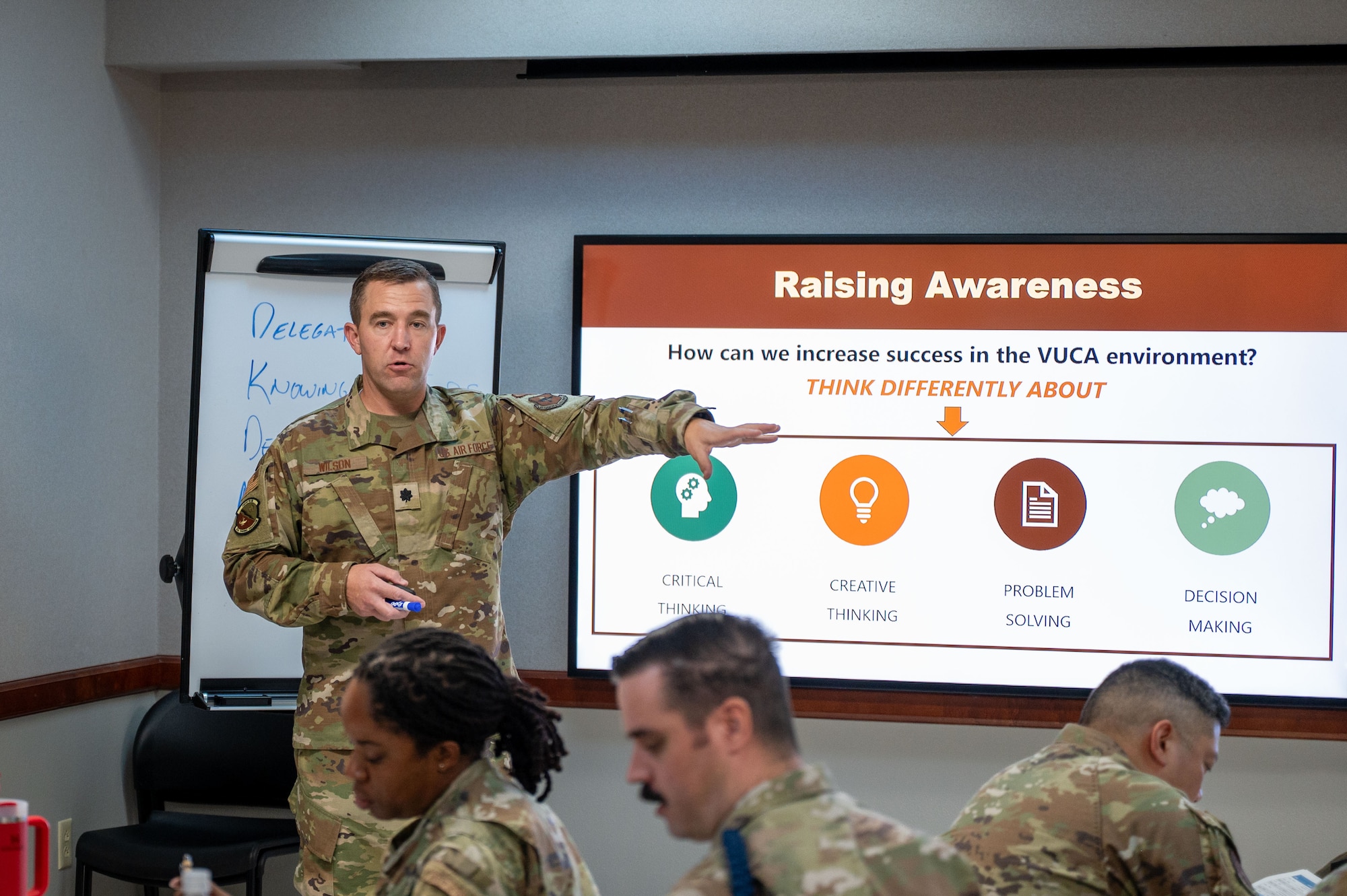 Lt. Col. Burke Wilson gestures at PowerPoint slide from the Warhawk Leadership Course