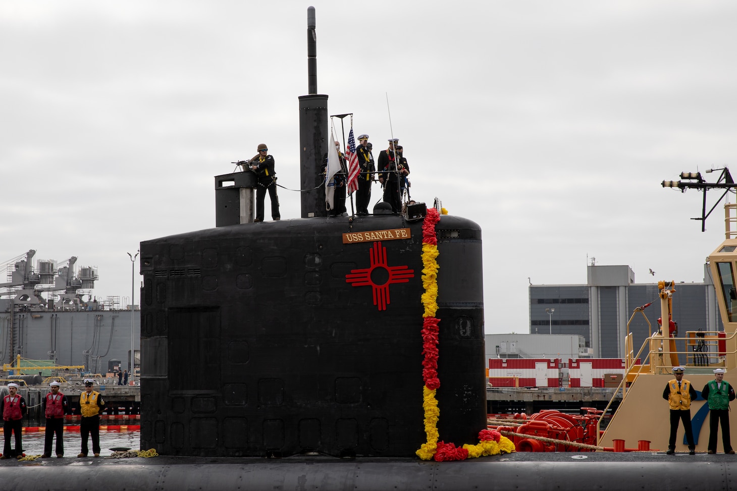 NAVAL BASE POINT LOMA, Calif. (Sept. 29, 2025) Los Angeles-class fast-attack submarine USS Santa Fe (SSN 763) returns to Naval Base Point Loma following a six-month deployment to the U.S. Indo-Pacific Command area of responsibility, Sept. 29. Santa Fe is assigned to Commander, Submarine Squadron 11, home to four Los Angeles-class fast-attack submarines, which are capable of supporting various missions, including anti-submarine warfare, anti-ship warfare, strike warfare and intelligence, surveillance and reconnaissance. (U.S. Navy photo by Mass Communication Specialist 2nd Class Rashan Jefferson)