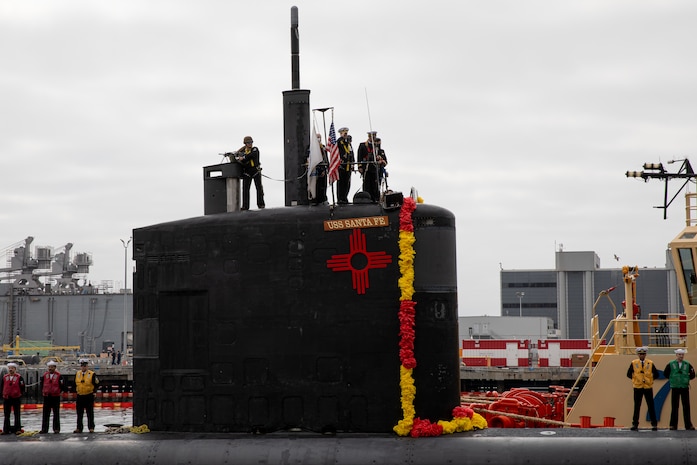 NAVAL BASE POINT LOMA, Calif. (Sept. 29, 2025) Los Angeles-class fast-attack submarine USS Santa Fe (SSN 763) returns to Naval Base Point Loma following a six-month deployment to the U.S. Indo-Pacific Command area of responsibility, Sept. 29. Santa Fe is assigned to Commander, Submarine Squadron 11, home to four Los Angeles-class fast-attack submarines, which are capable of supporting various missions, including anti-submarine warfare, anti-ship warfare, strike warfare and intelligence, surveillance and reconnaissance. (U.S. Navy photo by Mass Communication Specialist 2nd Class Rashan Jefferson)