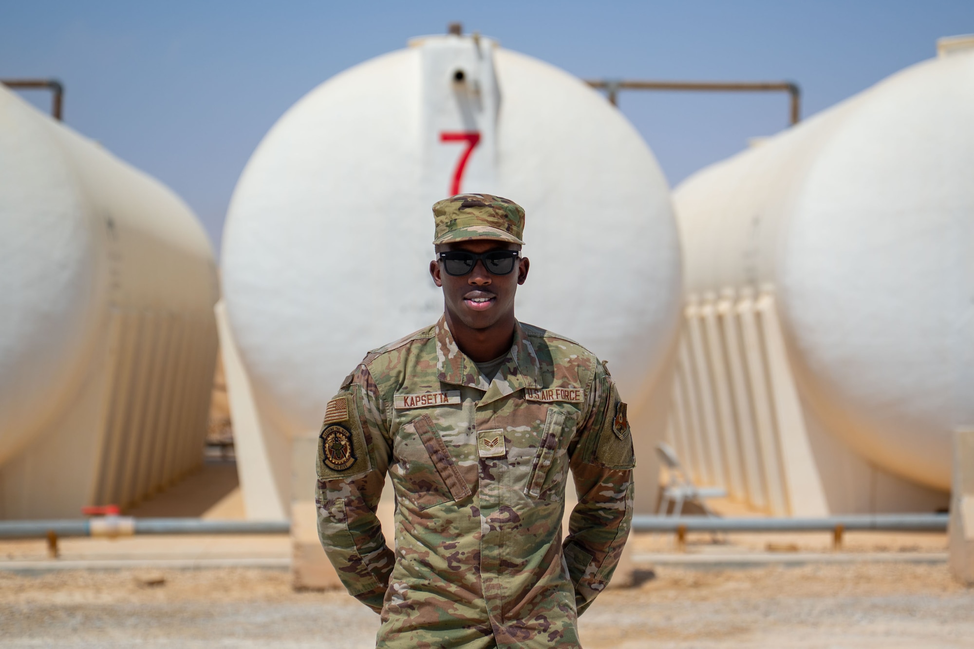 U.S. Air Force Senior Airman Daniel Kapsetta, 378th Expeditionary Civil Engineer Squadron water and fuel systems maintenance journeyman, poses for a photo.