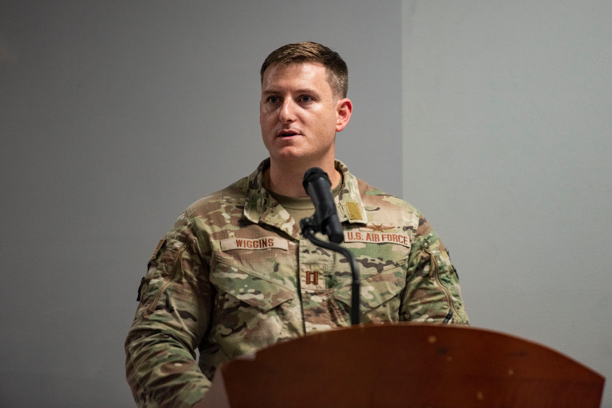 U.S. Air Force Capt. Vincent Wiggins, 51st Mission Support Group Detachment 1 commander, provides remarks during the 51st MSG Detachment 1 activation ceremony at Suwon Air Base