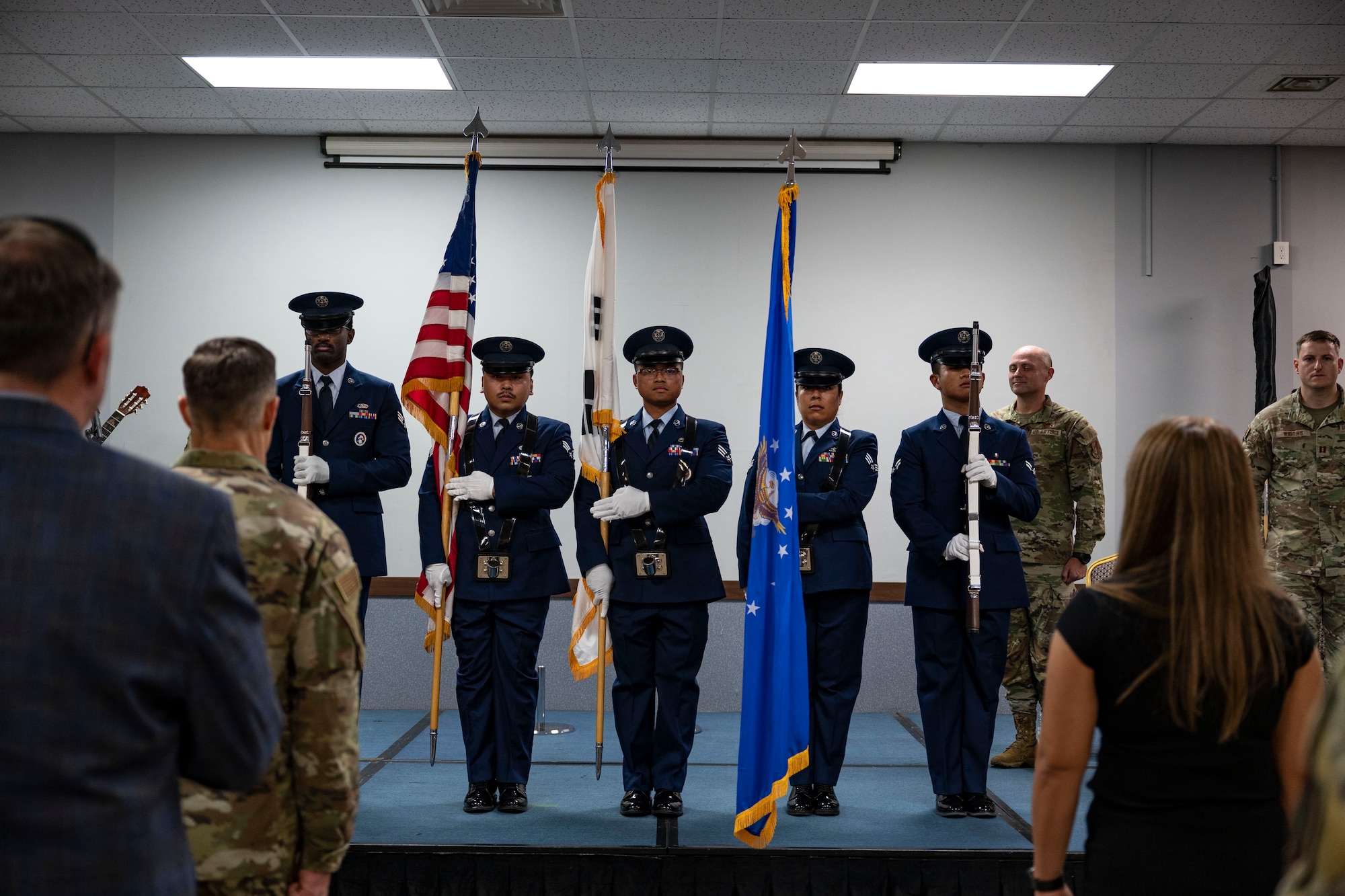 U.S. Air Force service members assigned to the 51st Fighter Wing Honor Guard, present the colors during the 51st Mission Support Group Detachment 1 activation ceremony at Suwon Air Base