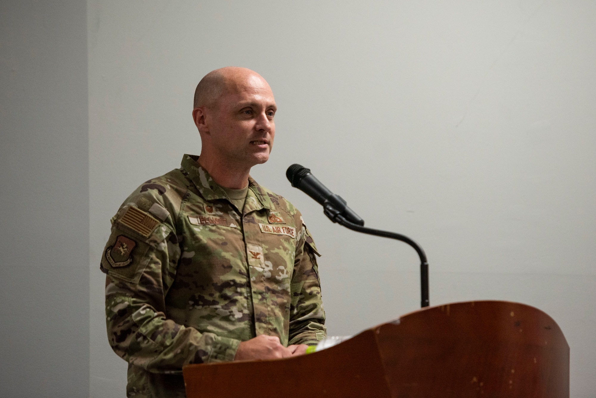 U.S. Air Force Col. Jeff Elliot, 51st Mission Support Group commander, provides remarks during the 51st MSG Detachment 1 activation ceremony at Suwon Air Base