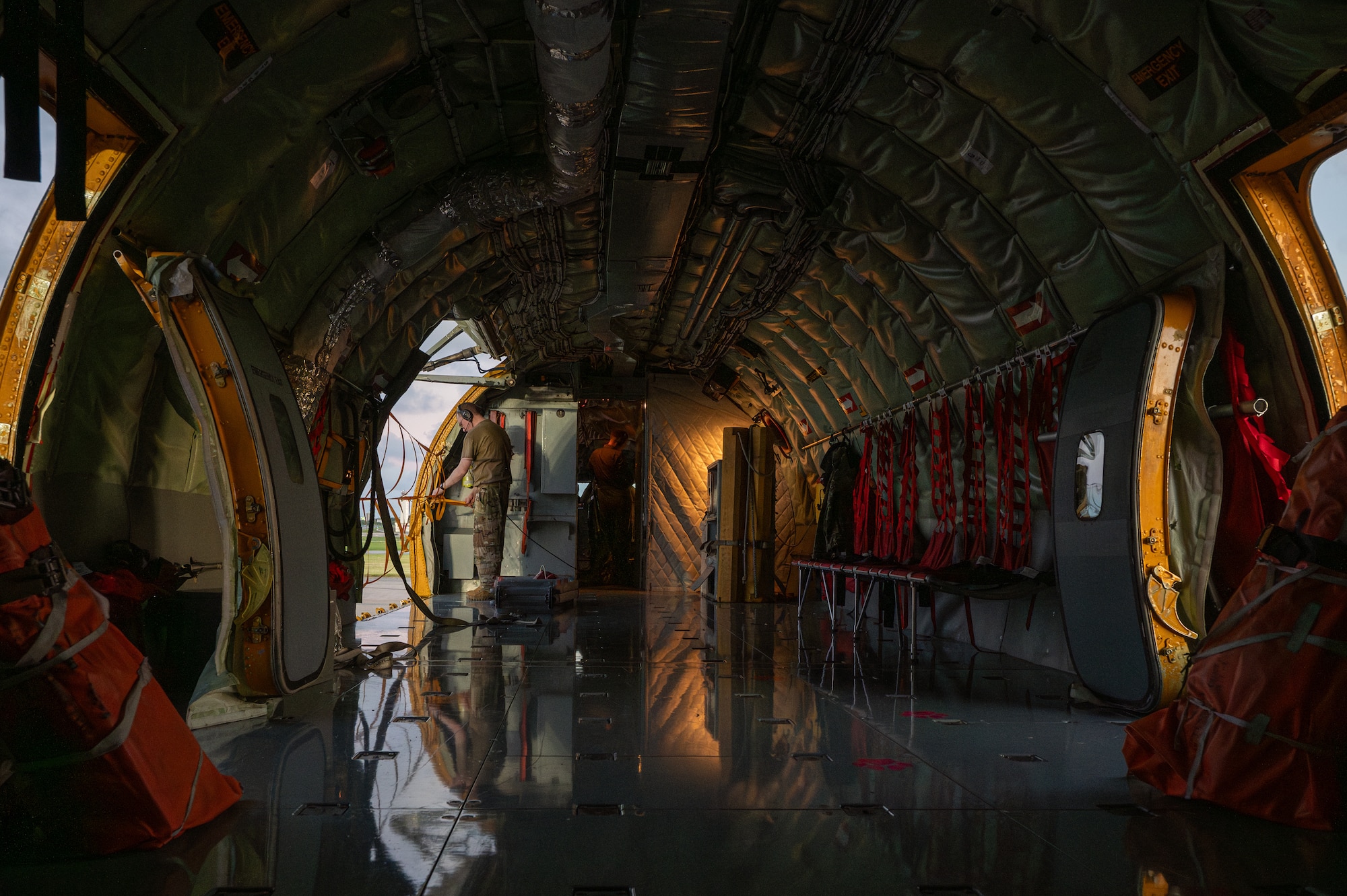 The inside of a KC-135 while the side hatches are open