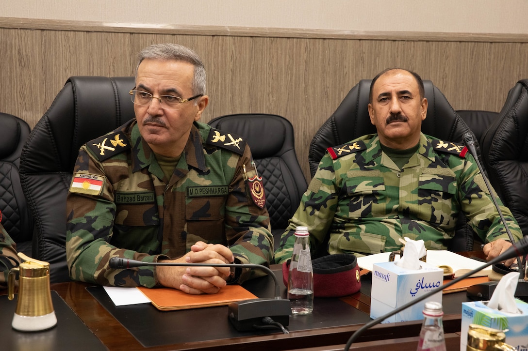 Ministry of Peshmerga Affairs (MoPA) General Bahzad Barzani, left, the 5th Division Commander, and Staff Maj. Gen. Ibrahem AL. Zangana, the 6th Division Commander, give their evaluation of a validation exercise during the after action review in Erbil, Iraq, Sept. 15, 2025. The validation exercise was to assess the 5th and 6th Division’s overall full operational capabilities under MoPA. (U.S. Army photo by Staff Sgt. Matthew Roberts)