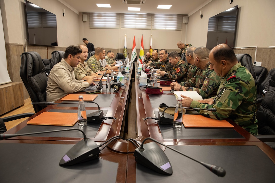 Combined Joint Task Force - Operation Inherent Resolve (CJTF-OIR) coalition and partner forces held an after action review meeting to discuss the results of a validation exercise for the Peshmerga’s 5th and 6th Divisions in Erbil, Iraq, Sept. 15, 2025. The validation exercise, facilitated by CJTF-OIR Military Advisory Group - North advisors, validated the Peshmerga’s 5th and 6th Division staffs as they progressed to developing fully capable divisions. (U.S. Army photo by Staff Sgt. Matthew Roberts)