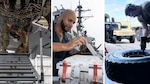 A collage of three photos side by side showing maintenance on an aircraft, ship, and vehicle