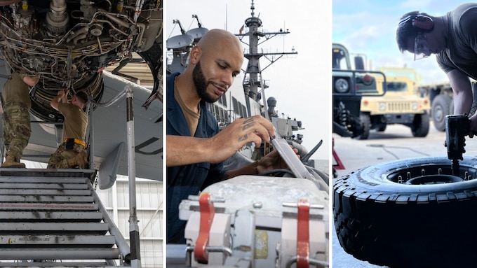 A collage of three photos side by side showing maintenance on an aircraft, ship, and vehicle
